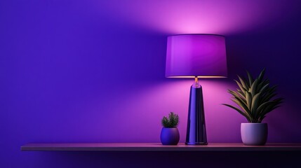 Poster - Purple lamp illuminates shelf, plants, purple wall, night ambiance, home decor