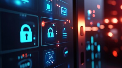 Wall Mural - cyber security interface featuring a padlock icon, safeguarding data within a server room, illuminat