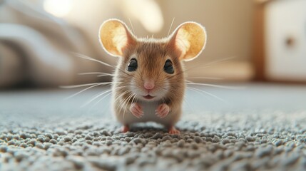 Wall Mural - Cute mouse sitting on carpet, bedroom background, pet