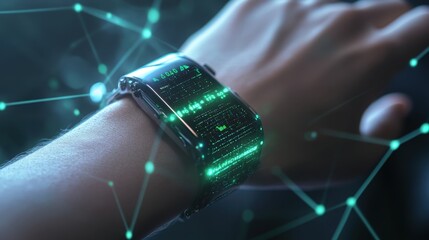 Wall Mural - close up of a futuristic smartwatch on a wrist, showcasing scrolling green encrypted data on the scr