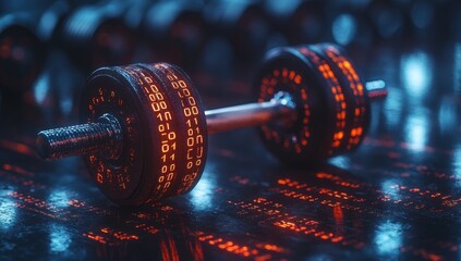 Futuristic digital fitness a dumbbell adorned with glowing binary code representing technological advancement