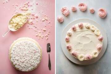 Poster - Celebrating a baking adventure with decorated cakes and sweet treats on a pastel background. Generative AI