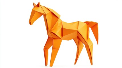 Canvas Print - Orange origami paper horse standing alone on a white background