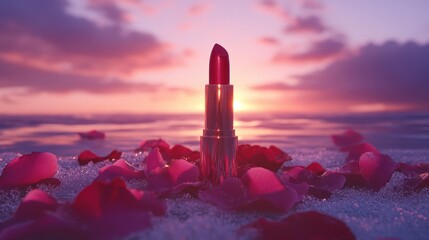 Poster - Sunset beach lipstick rose petals romance ad