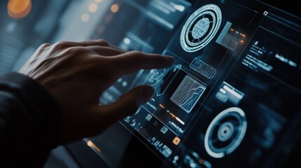 Hand touching futuristic transparent display with fingerprint scanner and data analysis software, potentially representing cybersecurity or software development