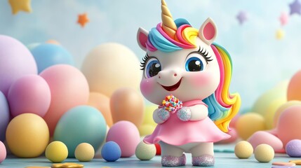 Wall Mural - Cute rainbow unicorn, pastel balloons, joyful, digital art, party