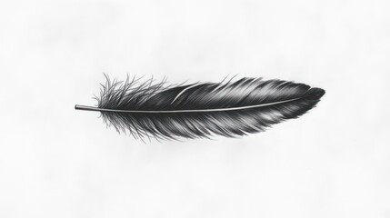 Poster - Single black feather, detailed drawing, white background, design element