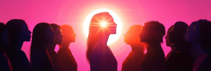 Poster - Empowerment for women shines bright with vibrant symbol and diverse silhouettes celebrating unity and strength. Generative AI