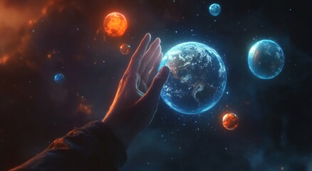hand touches earth, cosmic background, planets, space exploration, science fiction