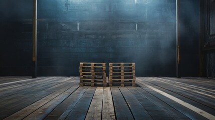 Wall Mural - Two stacked wooden pallets inside a dim empty room