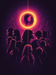 Poster - Empowering Womens Day poster featuring diverse silhouettes and a glowing feminine symbol. Generative AI
