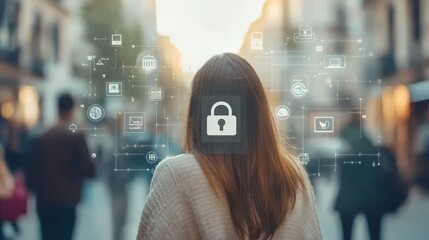 Wall Mural - businesswoman standing in busy city street using mobile cyber security system protecting personal da