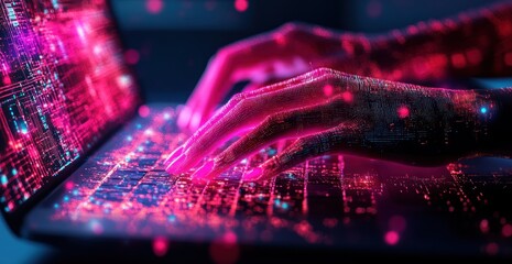 digital hands typing on glowing laptop: a futuristic vision of technology and innovation