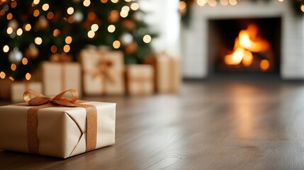 Wall Mural - Festive living room with Christmas tree and cozy fireplace setting