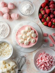 Poster - Making a delightful strawberry cream dessert with fresh strawberries and whipped cream on a marble countertop. Generative AI