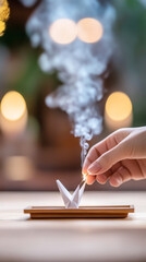 Symbolic act of peace with paper crane and incense