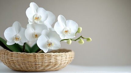 Poster - White orchids in wicker basket, neutral background, serenity, home decor