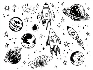 Space rockets planets stars hand-drawn illustration design