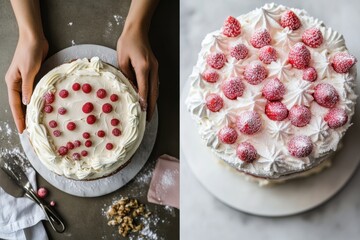 Poster - Delicious raspberry cake being decorated on a countertop in a cozy kitchen during afternoon light. Generative AI