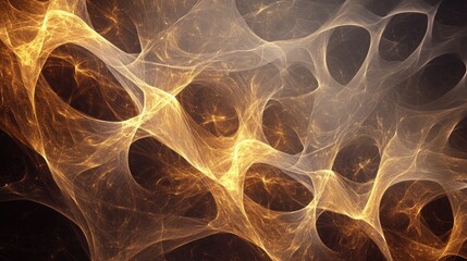Abstract Golden Fractal Network: A mesmerizing digital artwork featuring intricate golden and beige fractal patterns resembling a cosmic web or neural network.
