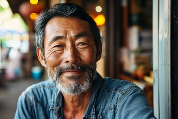 Wall Mural - Portrait of a senior Asian man with beard and mustache in a restaurant.