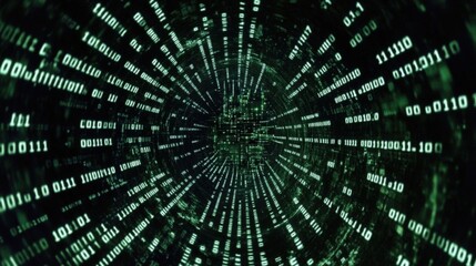 Glowing green binary code streams along the walls of a dark digital tunnel, creating a visual representation of cybersecurity and data flow