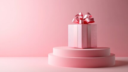 Wall Mural - Pink gift box, ribbon, podium, studio, background, presentation