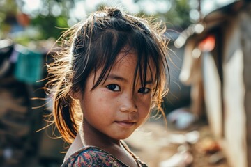 Wall Mural - Portrait of a cute little girl with long hair in the village