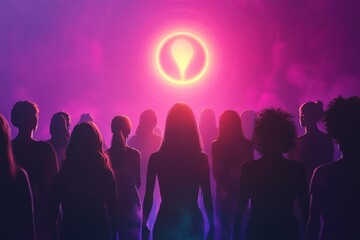 Poster - Empowering womens day poster featuring diverse silhouettes united under a glowing feminine symbol. Generative AI