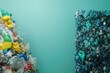 © Anat art - Visual contrast between a pile of plastic waste and neatly organized recycled plastic products in an indoor setting. Generative AI