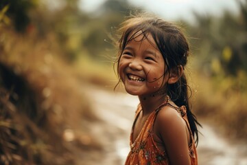 Wall Mural - Portrait of happy asian little girl smiling in the rice field