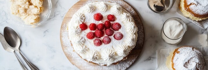 Poster - Freshly baked raspberry cake topped with whipped cream and sprinkled sugar placed on a wooden board in a bright kitchen. Generative AI
