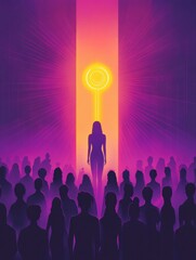 Poster - Celebrate Womens Day with unity and strength through a glowing feminine symbol surrounded by diverse women silhouettes. Generative AI