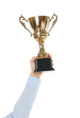 Wall Mural - man with golden trophy cup on white background, closeup