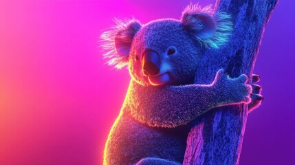 Wall Mural - Neon Koala Hugging Tree Trunk In Vivid Colors