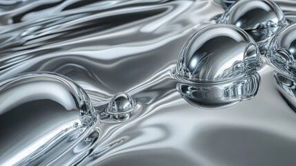 Wall Mural - Abstract silvery liquid with reflective spheres, futuristic surface texture