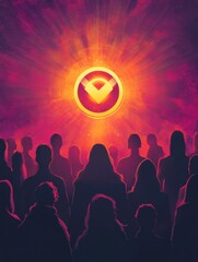 Poster - Empowering womens day celebration featuring glowing symbol and diverse silhouettes. Generative AI