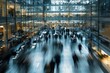© Agung - Modern Office Building: People Moving Quickly Through Glass Walls, Cityscape Blurred, Dynamic Business Atmosphere