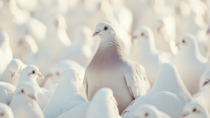 Wall Mural - White Pigeon Stands Out Among Many Others