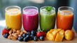 © wiwat - Colorful Juices and Fruits: A vibrant display of freshly squeezed juices and a selection of fresh, colorful fruits and nuts, showcasing health and delicious flavors.