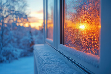 Wall Mural - A window with frost on it and a sun shining through it