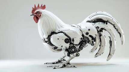 Fototapete - Mechanical white rooster with red comb and futuristic design against neutral background. Innovative robotics and nature concept