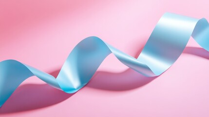 Poster - Blue satin ribbon gracefully curling on soft pink background, minimalistic art. Modern design and elegance concept