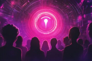 Poster - Empowering women on Womens Day with a glowing symbol and diverse silhouettes representing unity and strength. Generative AI