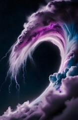 Wall Mural - A dynamic wave spirals upward, blending vibrant purples and delicate whites in a dramatic display against the dark background. The flowing motion and vivid colors create a sense of energy and movement