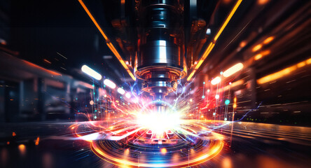 Poster - An industrial machine precisely cuts metal, creating bright sparks in a dark factory setting with blurred motion, showcasing advanced manufacturing technology.