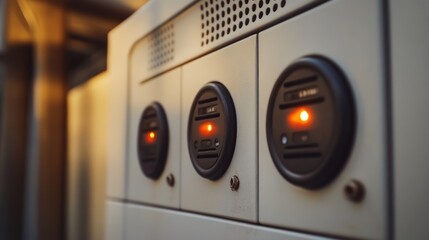 Close-up of illuminated control panel with circular buttons and indicators.