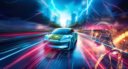 Aufkleber - A sleek, blue electric car speeds along a road with circuit board designs in a modern city at night with glowing buildings.