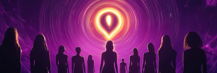 Poster - Empowering Womens Day poster showcasing diverse silhouettes united by a glowing feminine symbol at the center. Generative AI