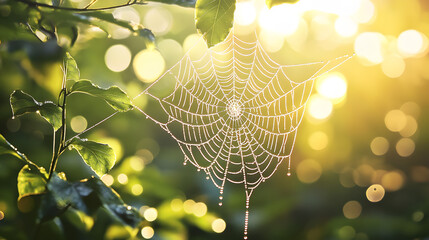 A spider web is shown in a green leafy area